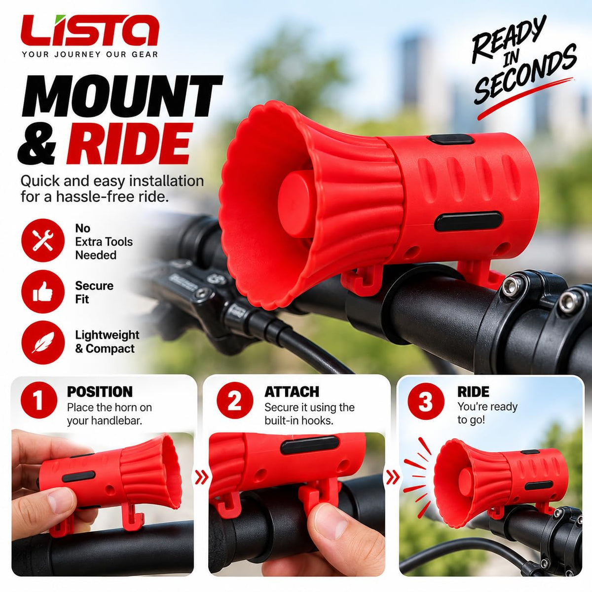 LISTA Rechargeable Cycle Horn for Bicycle | USB Charging Electric Bike Horn | Loud & Clear Bicycle Bell with Easy Handlebar Mount | Compact Cycling Horn for Kids & Adults