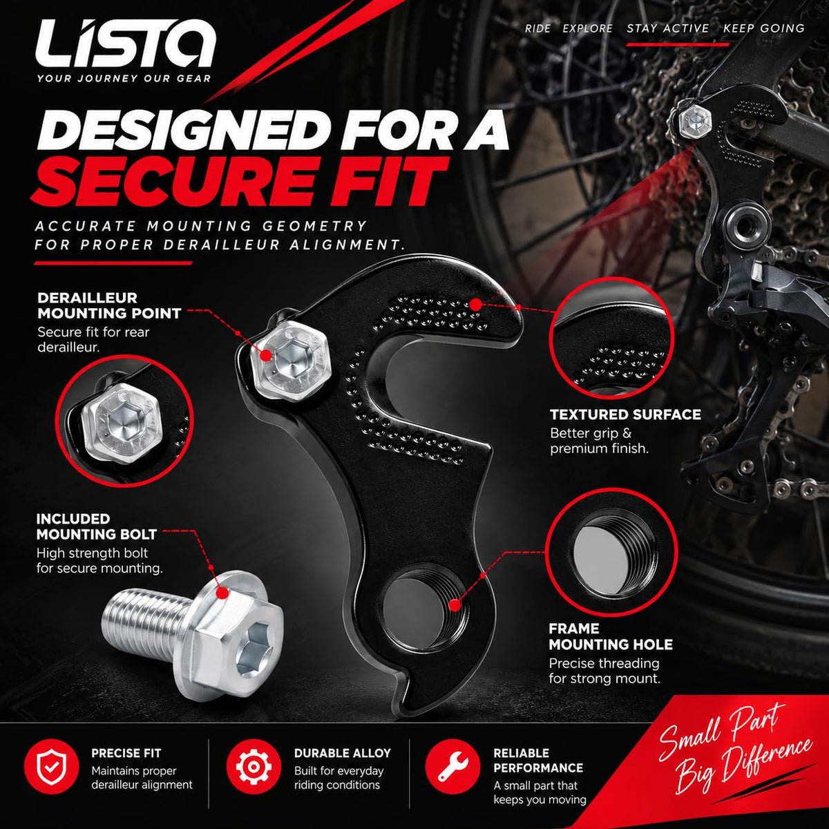 LISTA Bicycle Rear Derailleur Hanger, Universal Gear Derailleur Mounting Bracket Durable Alloy Bike Rear Mech Hanger for MTB, Road & Hybrid Cycles