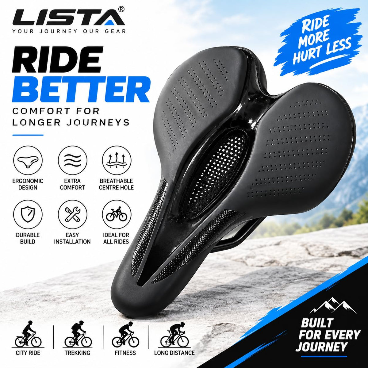 Premium Gel Bicycle Seat Cushion – Ergonomic Silicone MTB & Road Bike Saddle with Hollow Vent Design, Shock-Absorbing, Soft & Comfortable Cycling Seat with Reflective Strip (Black)