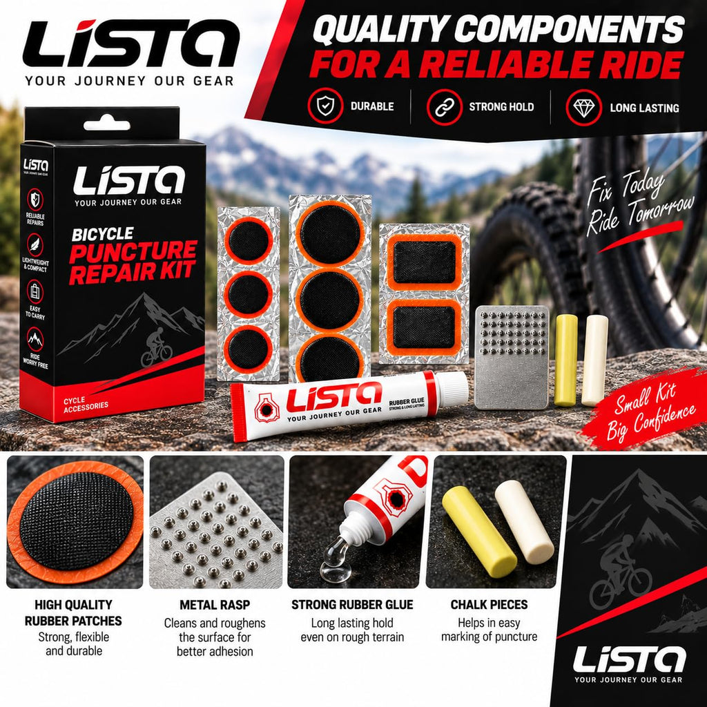 Lista Bicycle Tyre Puncture Repair Kit Includes Patch Glue, Round & Rect Patches, Metal Scraper Included, Flat Tyre Fix, Complete Repair Set
