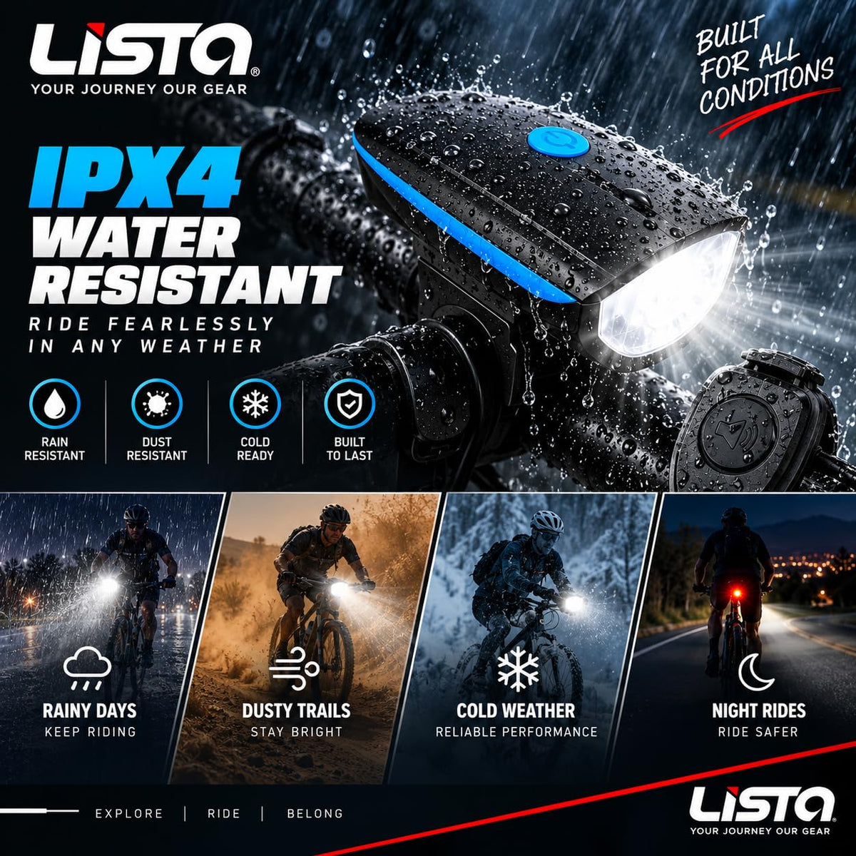 Lista Cycle Horn and Light 140 DB with Light 3 Modes Super Bright 250 lumens