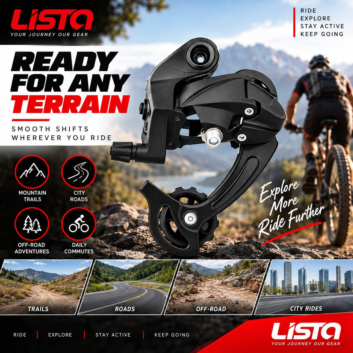 Lista Bicycle Rear Derailleur Direct Mount 6/7/8/9 Speed Mountain & Road Bike, 18/21/24/27 Speed, H/L Adjustment Screws, Universal Compatibility, Direct Mount Install